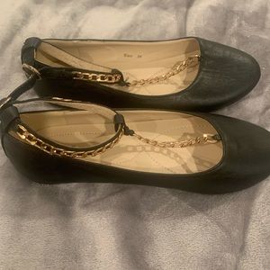 Black ankle strap flats with gold chains